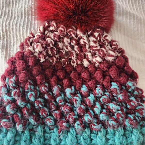 Kyi Kyi Beanie Hat Fox Fur Pom Pom Teal Blue Magenta Red Bobble Stitch Winter main image 8